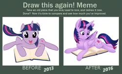 Size: 784x472 | Tagged: safe, artist:mailinya, derpibooru import, twilight sparkle, twilight sparkle (alicorn), alicorn, pony, book, comparison, draw this again, redraw