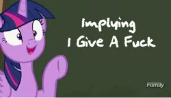 Size: 764x436 | Tagged: safe, derpibooru import, edit, edited screencap, screencap, twilight sparkle, twilight sparkle (alicorn), alicorn, pony, ppov, discovery family logo, no fucks, open mouth, pointing, solo, twilight's blackboard, vulgar