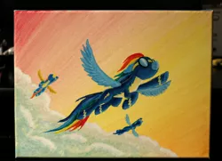 Size: 1280x929 | Tagged: safe, artist:horseez, derpibooru import, rainbow dash, soarin', spitfire, pony, acrylic painting, cloud, flying, painting, traditional art, wonderbolts