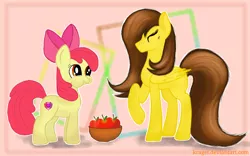 Size: 1920x1200 | Tagged: apple, apple bloom, artist:kraget, bowl, cutie mark, derpibooru import, eating, eyes closed, food, oc, oc:golden lily, puffy cheeks, safe, the cmc's cutie marks