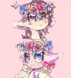 Size: 1024x1125 | Tagged: safe, artist:dream--chan, derpibooru import, oc, oc:dream whisper, oc:prince whateverer, unofficial characters only, :>, bust, cute, floral head wreath, flower, heart eyes, huge ears, ocbetes, wingding eyes