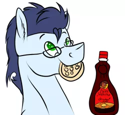 Size: 860x790 | Tagged: safe, artist:neonaarts, derpibooru import, soarin', pony, aunt jemima, cute, food, glasses, mouth hold, nerd, solo, waffle