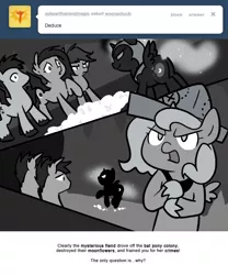 Size: 666x800 | Tagged: safe, artist:egophiliac, derpibooru import, nightmare moon, princess luna, oc, oc:frolicsome meadowlark, oc:sunshine smiles (egophiliac), bat pony, pony, moonstuck, cartographer's cap, dark woona, female, filly, grayscale, hat, monochrome, moonflower, nightmare woon, stomping, tumblr, woona, younger