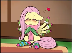 Size: 1169x862 | Tagged: safe, artist:pencils, derpibooru import, edit, fluttershy, pegasus, pony, comic:fluttershy's anti-adventures, blushing, clothes, comfy, cropped, cute, dawwww, eyes closed, female, floating heart, floppy ears, heart, mare, pencils is trying to murder us, scarf, shyabetes, socks, solo, striped socks, weapons-grade cute, wing socks