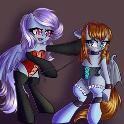 Size: 1800x1800 | Tagged: suggestive, artist:chaosangeldesu, derpibooru import, oc, oc:peppermint crunch, oc:raven eve'hart, unofficial characters only, bat pony, pony, bipedal, bondage, clothes, corset, female, leash, lesbian, oc x oc, open mouth, shipping, socks