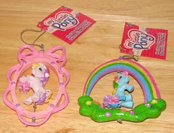 Size: 620x474 | Tagged: safe, derpibooru import, fluttershy (g3), rainbow dash (g3), g3, christmas, holiday, irl, merchandise, my little pony logo, ornament, ornaments, photo, present, rainbow