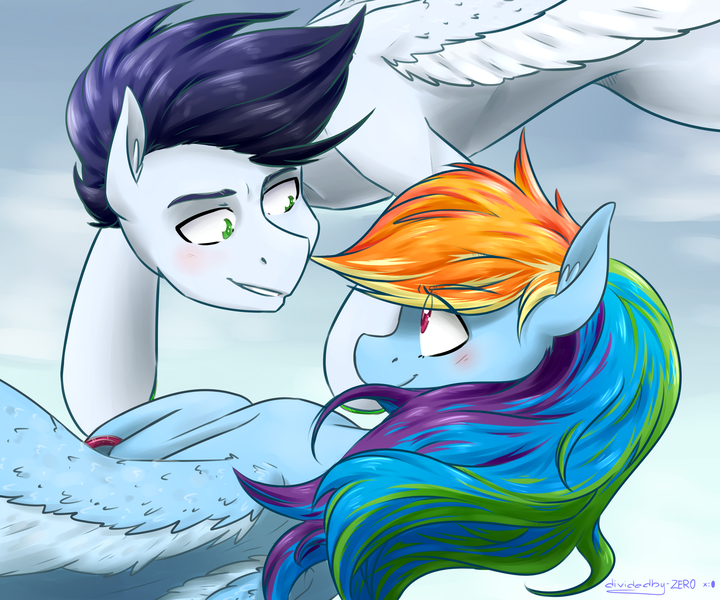 Size: 3000x2500 | Tagged: safe, artist:lrusu, derpibooru import, rainbow dash, soarin', pony, female, looking at each other, male, shipping, soarindash, straight