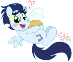 Size: 596x510 | Tagged: safe, artist:hufflepuffrave, derpibooru import, soarin', pony, backwards cutie mark, chibi, cute, food, goggles, looking at you, pie, simple background, soarinbetes, solo, that pony sure does love pies, transparent background