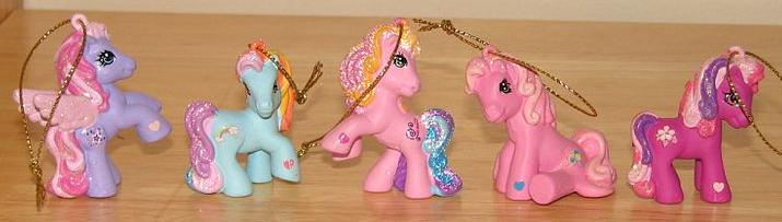 Size: 715x203 | Tagged: cheerilee (g3), christmas, derpibooru import, g3, holiday, irl, merchandise, ornament, ornaments, photo, pinkie pie (g3), rainbow dash (g3), safe, starsong, toola roola