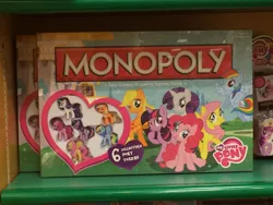 Size: 3264x2448 | Tagged: safe, derpibooru import, official, applejack, fluttershy, pinkie pie, rainbow dash, rarity, twilight sparkle, twilight sparkle (alicorn), alicorn, pony, barnes&noble, board game, figurine, mane six, monopoly, my little pony logo, ponyopoly, toy