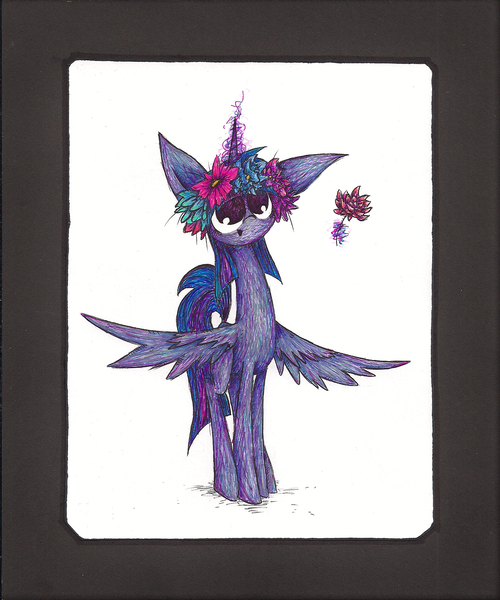 Size: 1288x1545 | Tagged: safe, artist:sirchezee, artist:that-was-weird, derpibooru import, twilight sparkle, twilight sparkle (alicorn), alicorn, pony, :>, cute, flower, flower in hair, fluffy, levitation, looking up, magic, open mouth, smiling, solo, spread wings, telekinesis, wings