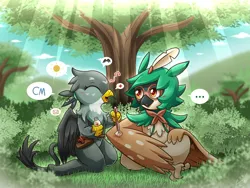 Size: 1500x1125 | Tagged: safe, artist:vavacung, derpibooru import, gabby, gryphon, blushing, chest fluff, cotton balls, crossover, decidueye, female, male, pokémon