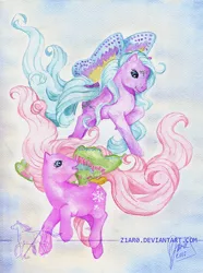 Size: 800x1073 | Tagged: artist:z1ar0, derpibooru import, duo, flurry (g1), flying, g1, high flyer, safe, summer wing ponies, traditional art, watercolor painting, windy wing ponies