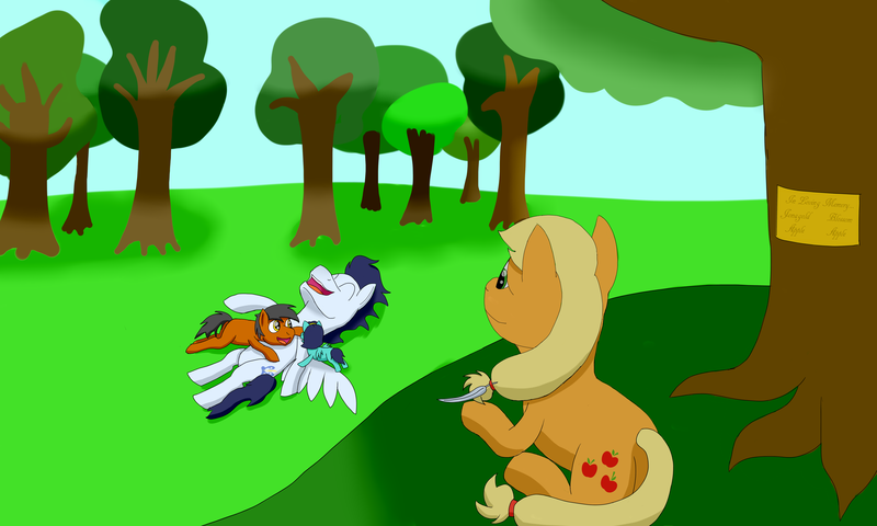 Size: 5000x3000 | Tagged: safe, artist:allonsbro, derpibooru import, applejack, soarin', oc, earth pony, pegasus, pony, absurd resolution, applejack's parents, feather, female, laughing, male, memorial, missing accessory, next generation, offspring, on back, parent:applejack, parent:soarin', parents:soarinjack, plaque, prone, shipping, soarinjack, spread wings, straight, wings