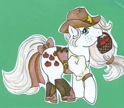 Size: 636x556 | Tagged: apple, applejack (g1), artist:skypinpony, basket, boots, clothes, cowboy boots, cowboy hat, derpibooru import, food, g1, hat, mouth hold, safe, sheriff, shoes, solo, traditional art