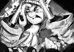 Size: 2480x1754 | Tagged: angel, artist:toisanemoif, black and white, chef's hat, derpibooru import, fluttershy, food, grayscale, hat, knife, monochrome, newbie artist training grounds, safe, wing hands, wings