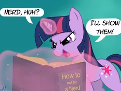 Size: 1280x960 | Tagged: safe, artist:nuka-kitty, derpibooru import, twilight sparkle, pony, unicorn, adorkable, book, bookhorse, cute, dialogue, dork, evil grin, female, funny, grin, i'll show them, levitation, magic, mare, nerd, reading, simple background, smiling, solo, telekinesis, that pony sure does love books