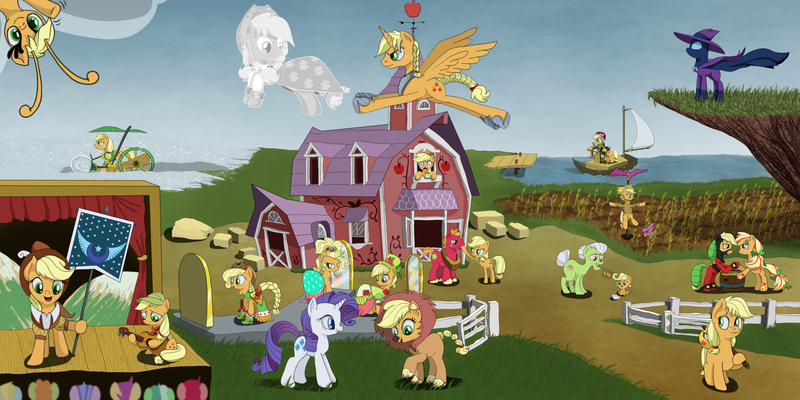 Size: 2500x1250 | Tagged: safe, artist:frenkieart, derpibooru import, applejack, big macintosh, granny smith, mare do well, mistress marevelous, rarity, smart cookie, spirit of hearth's warming past, alicorn, breezie, pony, pony creator, ppov, alicornified, animal costume, apple fritter (food), applebreezie, applecorn, applejewel, applelion, baby, babyjack, bindle, breeziefied, captain jackbeard, clothes, costume, dress, foal, food, gala dress, jackletree, male, multeity, plow, power ponies, race swap, rainbow power, rainbow power-ified, species swap, teenage applejack, teenager, younger