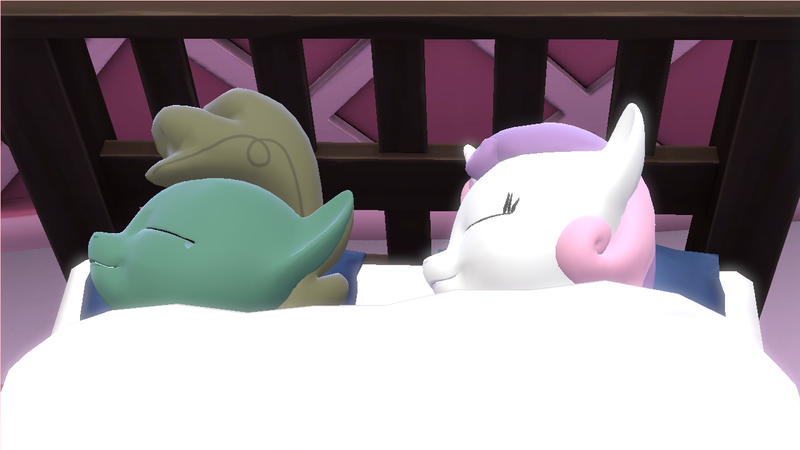 Size: 1280x720 | Tagged: 3d, artist:mrdoctorderpy, bed, derpibooru import, female, humdrum, humdrumbelle, humdrum (pony), idw, male, power ponies, safe, shipping, sleeping, source filmmaker, straight, sweetie belle