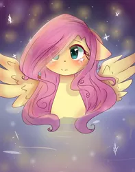 Size: 968x1228 | Tagged: safe, artist:windymils, derpibooru import, fluttershy, firefly (insect), insect, pegasus, pony, blushing, bust, colored pupils, cute, female, floppy ears, looking at you, mare, portrait, shyabetes, solo, spread wings, teary eyes, water, wings