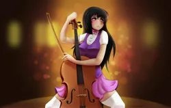 Size: 5344x3375 | Tagged: artist:guinefurrie, blushing, bow (instrument), bowtie, breasts, busty octavia, cello, cello bow, derpibooru import, equestria girls outfit, female, human, humanized, musical instrument, octavia melody, safe, solo, zettai ryouiki