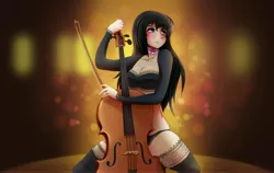 Size: 5344x3375 | Tagged: artist:guinefurrie, blushing, bow (instrument), bowtie, bra, breasts, busty octavia, cello, cello bow, cleavage, clothes, derpibooru import, female, human, humanized, lingerie, musical instrument, octavia melody, panties, solo, solo female, stockings, suggestive, thigh highs, underwear