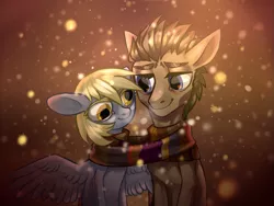 Size: 1099x826 | Tagged: safe, artist:the-darkest-dream, derpibooru import, derpy hooves, doctor whooves, time turner, pegasus, pony, clothes, doctorderpy, female, fourth doctor's scarf, male, mare, scarf, shared clothing, shared scarf, shipping, snow, straight