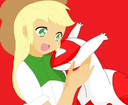 Size: 620x509 | Tagged: safe, artist:marcospower1996, artist:mega-shonen-one-64, derpibooru import, applejack, latias, equestria girls, crossover, pokémon