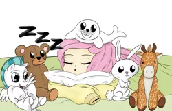 Size: 1024x663 | Tagged: angel bunny, animal, artist:blondedud, bear, bed, derpibooru import, fluttershy, giraffe, hercules, human, humanized, onomatopoeia, part of a series, part of a set, pegasus (hercules), pillow, plushie, prone, rabbit, safe, seal, sleeping, solo, sound effects, the elements of bed-time, zzz