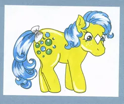 Size: 694x582 | Tagged: safe, artist:skypinpony, derpibooru import, bubbles (g1), earth pony, pony, art trade, bow, g1, simple background, solo, star (coat marking), tail bow, traditional art, white background