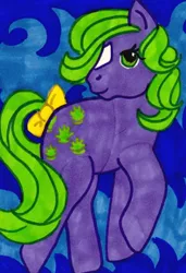 Size: 410x600 | Tagged: safe, artist:skypinpony, derpibooru import, seashell (g1), earth pony, pony, abstract background, g1, solo, star (coat marking), traditional art