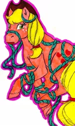 Size: 384x640 | Tagged: applejack, applejack (g1), artist:skypinpony, cowboy hat, derpibooru import, g1, hat, rope, safe, solo, stetson, tangled up, traditional art