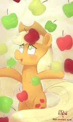 Size: 3000x5000 | Tagged: safe, artist:bow2yourwaifu, artist:kyaokay, derpibooru import, applejack, earth pony, pony, bats!, absurd resolution, apple, apple rain, bipedal, cute, food, happy, heart eyes, open mouth, scene interpretation, solo, that pony sure does love apples, wingding eyes