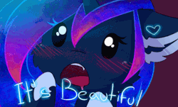 Size: 540x326 | Tagged: safe, artist:magnaluna, derpibooru import, princess luna, alicorn, pony, animated, blushing, cute, ear fluff, ethereal mane, fangs, female, floppy ears, galaxy mane, gif, heart, it's beautiful, lunabetes, mare, open mouth, reaction image, solo, vibrating, wingding eyes