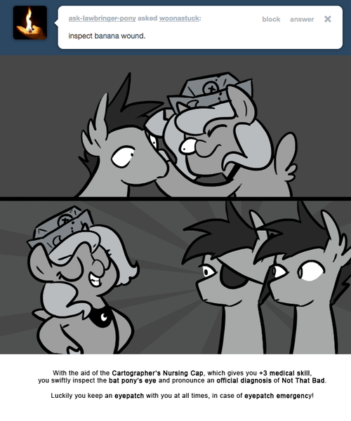 Size: 666x800 | Tagged: safe, artist:egophiliac, derpibooru import, princess luna, oc, oc:frolicsome meadowlark, oc:sunshine smiles (egophiliac), bat pony, pony, moonstuck, cartographer's nursing cap, eyepatch, female, filly, grayscale, hat, monochrome, woona, woonoggles, younger