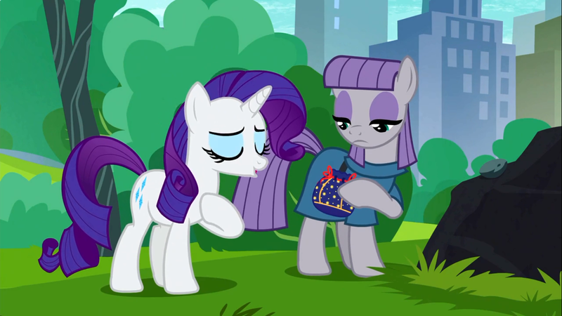 Size: 1366x768 | Tagged: safe, derpibooru import, screencap, boulder (pet), maud pie, rarity, pony, the gift of the maud pie, rock pouch