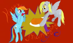 Size: 1600x960 | Tagged: safe, artist:lordspiffy, derpibooru import, derpy hooves, rainbow dash, scootaloo, bird, pegasus, pony, turkey, colors! 3d, cooked, dark comedy, dead, food, holiday, implied death, implied scootaloo, meat, ponies eating meat, scootachicken, shocked, text, thanksgiving