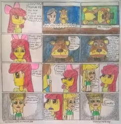 Size: 881x906 | Tagged: safe, artist:toonalexsora007, derpibooru import, apple bloom, applejack, equestria girls, alex, comic, crossover, dialogue, five nights at freddy's, flatscreen, freddy fazbear, hallucination, malcolm in the middle, parody, plushie, reference, traditional art