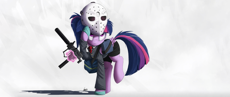 Size: 3399x1434 | Tagged: safe, artist:ncmares, derpibooru import, edit, twilight sparkle, twilight sparkle (alicorn), alicorn, pony, alternate hairstyle, clothes, gun, heat (film), hockey mask, ingram mac-10, levitation, magic, mask, necktie, payday, payday 2, raised hoof, solo, suit, suppressor, telekinesis, ultra widescreen, wallpaper, wallpaper edit, weapon, widescreen