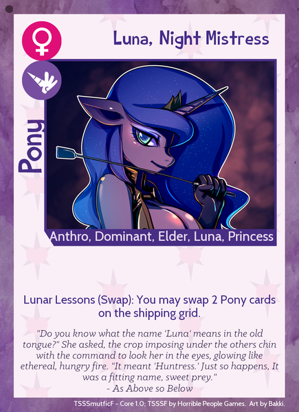 Size: 788x1088 | Tagged: alicorn, anthro, artist:bakki, breasts, busty princess luna, card, derpibooru import, dominatrix, female, looking at you, mistress, princess luna, solo, solo female, suggestive, twilight sparkle's secret shipfic folder