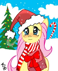 Size: 1024x1254 | Tagged: safe, artist:koku-chan, derpibooru import, fluttershy, blushing, bust, candy, candy cane, christmas, clothes, cloud, food, gift giving, hat, hearth's warming eve, holding, holiday, looking at you, present, santa hat, scarf, signature, smiling, snow, solo