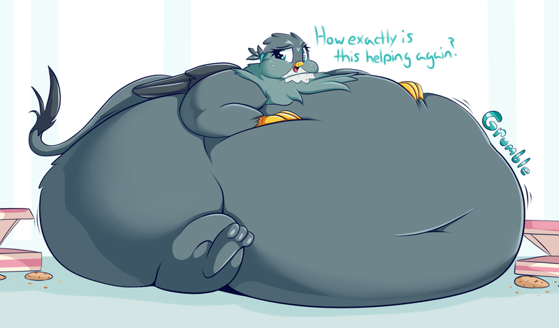 Size: 2395x1407 | Tagged: questionable, artist:graphenescloset, derpibooru import, gabby, gryphon, ass, belly, belly button, big belly, box, butt, chubby cheeks, cookie, double chin, fat, female, "flab"y, food, huge belly, huge butt, immobile, impossibly large belly, impossibly large butt, jiggle, large butt, morbidly obese, obese, solo, solo female, stomach noise, stuffed, stuffing, thighs, thunder thighs, weight gain, wide hips