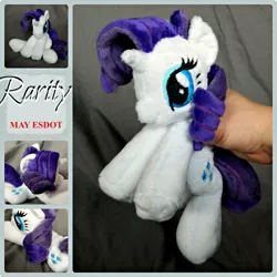 Size: 1024x1024 | Tagged: artist:mayesdot, beanie (plushie), derpibooru import, female, hand, irl, photo, plushie, prone, rarity, safe, solo