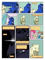 Size: 900x1200 | Tagged: artist:arofatamahn, comic, comic:the night the magic died, derpibooru import, fluttershy, oc, oc:garret (arofatamahn), oc:gralo, oc:nahmat, pinkie pie, princess celestia, princess luna, rainbow dash, safe