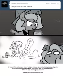 Size: 666x803 | Tagged: artist:egophiliac, cartographer's cap, dark woona, derpibooru import, female, filly, food, grayscale, hat, jam, monochrome, moonstuck, nightmare moon, nightmare woon, princess luna, safe, shovel, woona, woonoggles, younger