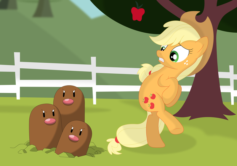 Size: 3509x2452 | Tagged: applejack, artist:porygon2z, bipedal, crossover, derpibooru import, dugtrio, pokémon, safe, vector