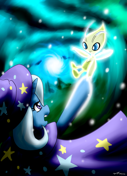 Size: 1300x1800 | Tagged: safe, artist:benjik, derpibooru import, trixie, celebi, pony, unicorn, crossover, pokémon