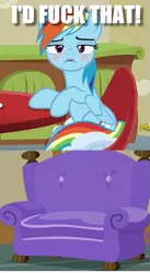 Size: 359x654 | Tagged: caption, cargo ship, couch, derpibooru import, drunk, drunker dash, edit, edited screencap, flutter brutter, go home you're drunk, i'd fuck it, image macro, meme, rainbow dash, screencap, shipping, suggestive, text, vulgar