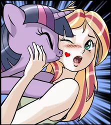 Size: 1291x1455 | Tagged: artist:pencils, comic, comic:anon's pie adventure, cropped, cute, derpibooru import, female, heart, kissing, lesbian, non-consensual smoochies, oc, oc:mascara maroon, safe, twilight sparkle