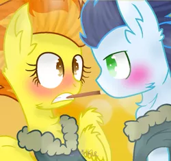 Size: 925x868 | Tagged: safe, artist:sprinklebloom, derpibooru import, soarin', spitfire, pony, blushing, clothes, cute, eye contact, female, food, looking at each other, male, orange background, pocky, pocky game, shipping, simple background, soarinfire, straight